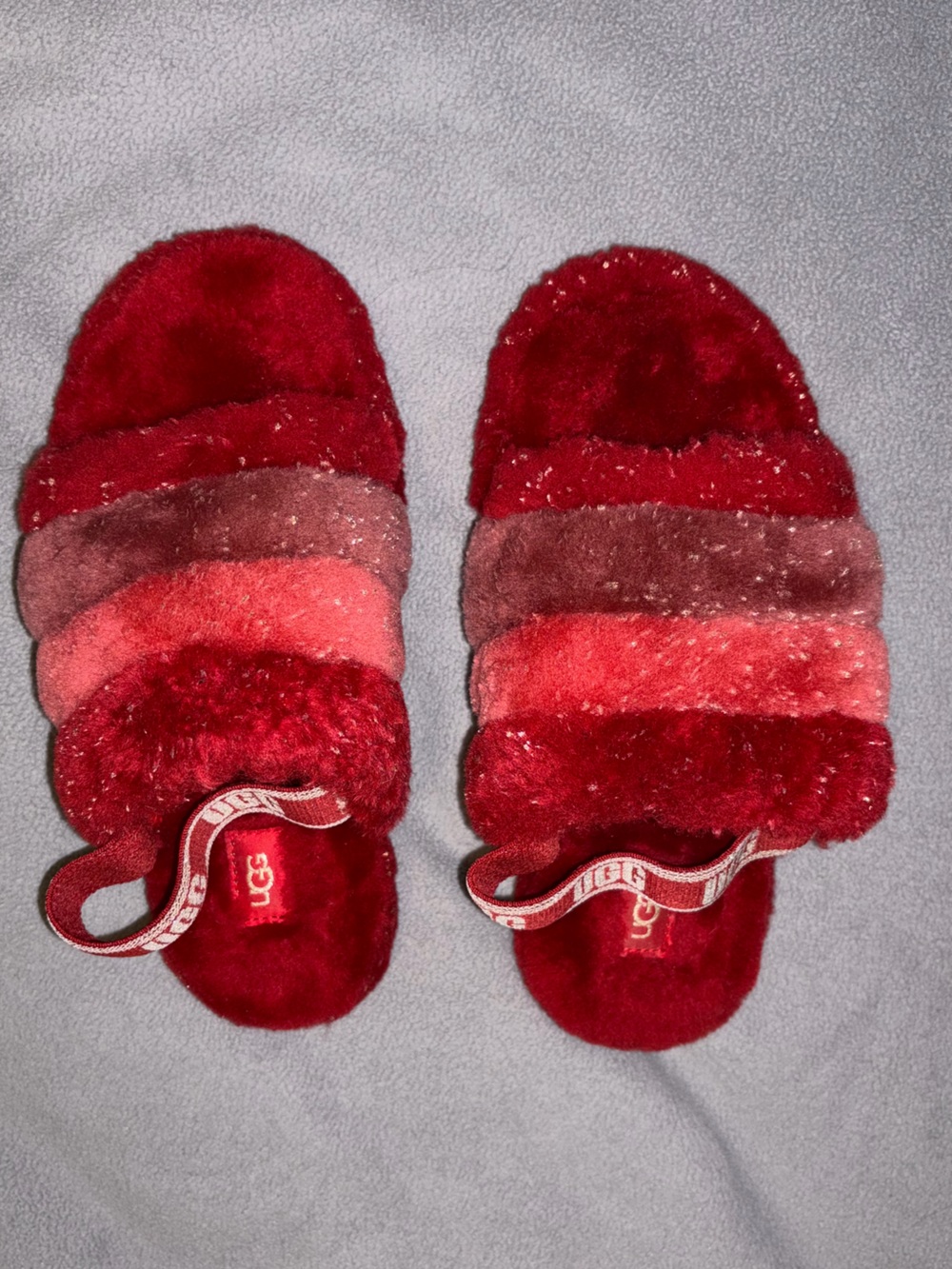 UGG Kids Sparkly Multi-Red Fuzzy Slide Slippers | Size 4